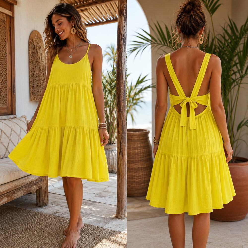 Zury Boho TIered  Babydoll Dress OS Gauzy Bright Yellow Festival Tie Back Flowy
